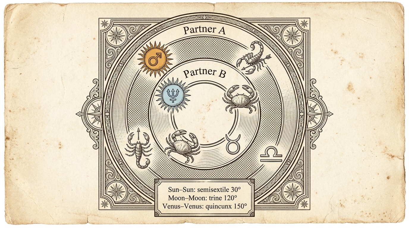 Mid-century scientific textbook engraving of a double-wheel synastry plate with Partner A's placements on the inner ring and Partner B's on the outer, leader-lines running to Roman-numeral keys for the semisextile, sextile and trine aspects