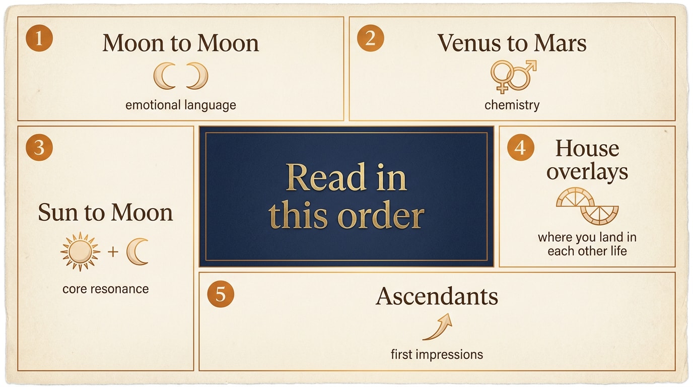 Bento-grid editorial infographic on cream background with one navy feature panel titled "Read in this order" and five amber-numbered cream panels around it, each labelled with a placement and a micro-diagram: 1 Moon to Moon (emotional language), 2 Venus to Mars (chemistry), 3 Sun to Moon (core resonance), 4 House overlays (where you land in each other's life), 5 Ascendants (first impressions)