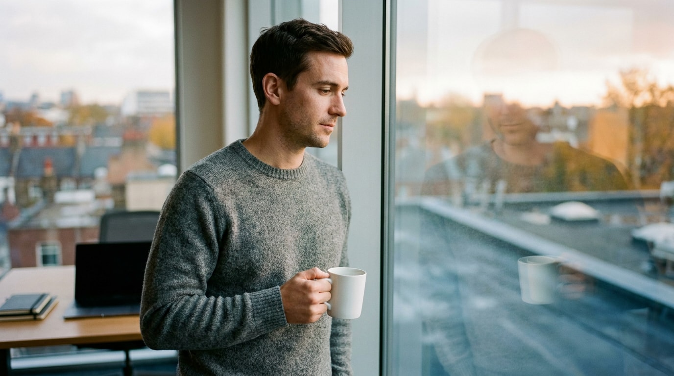 A UK man in his early thirties standing at a morning office window, holding a mug, looking thoughtfully out, calm reflective posture, autumn light