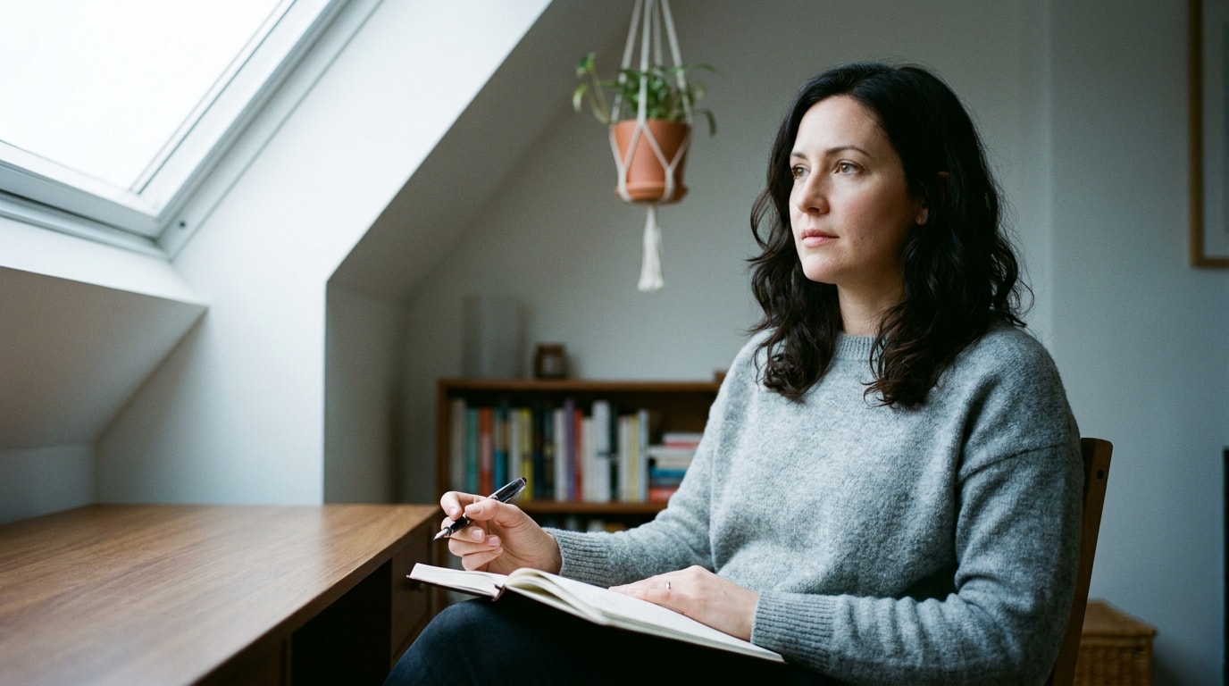 A UK woman in her thirties at a morning desk, soft daylight, journal open in her lap, pen poised mid-thought, calm reflective expression