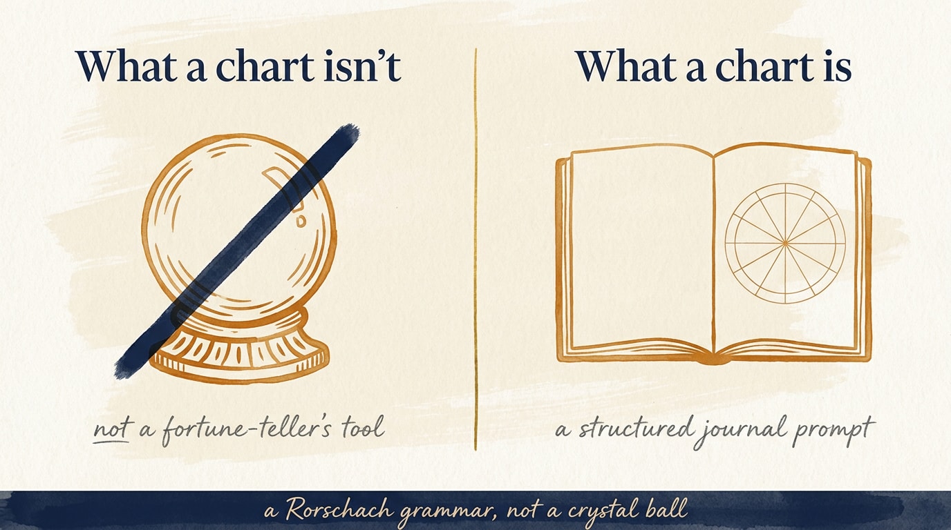 A clean editorial infographic contrasting a horoscope (left, a stylised crystal ball with a slash through it) with a structured journal-style prompt (right, a notebook with a chart-shaped template); labels read "what a chart isn't" and "what a chart is"