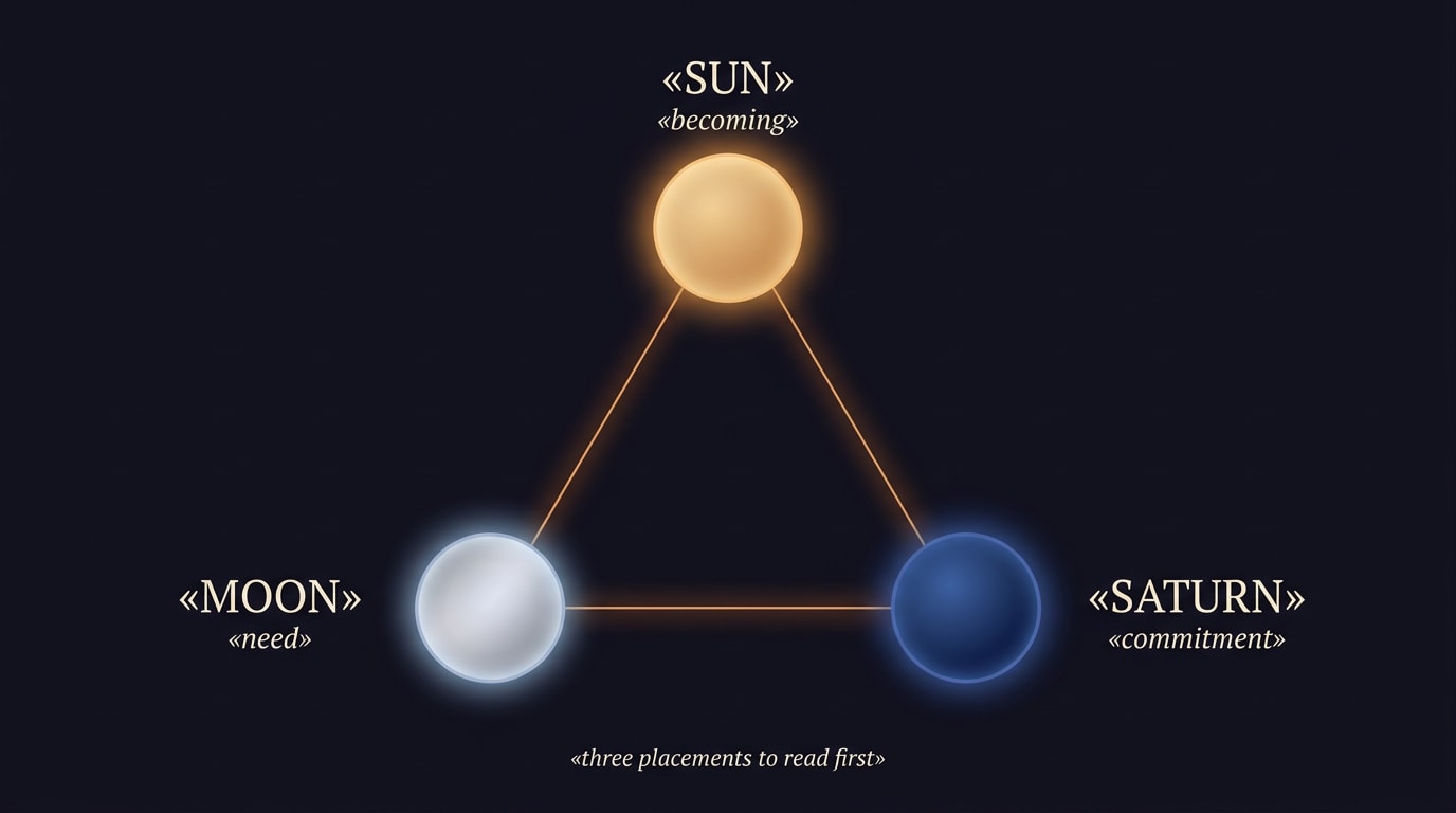 Three labelled circles arranged in a triangle composition on a deep navy background: SUN with a soft warm gold glow labelled "becoming", MOON with a soft silver glow labelled "need", SATURN with a deep blue glow labelled "commitment"; small caption below reads "three placements to read first"