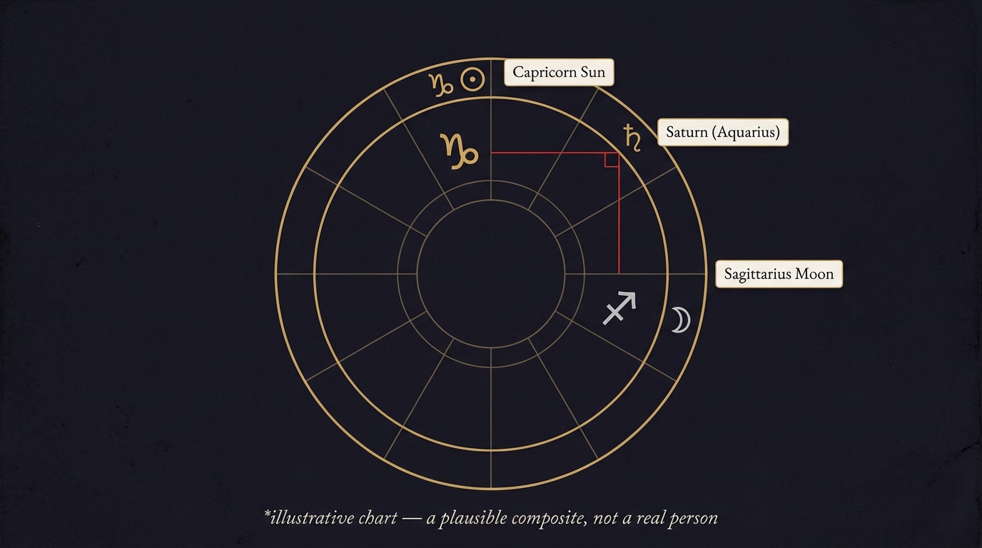 A simplified astrological chart wheel on a warm-navy background, with three positions highlighted: Capricorn Sun glyph in gold near the top, Sagittarius Moon glyph in silver to the right, and a red ninety-degree angle line connecting Sun and Saturn; caption "illustrative chart — a plausible composite, not a real person"