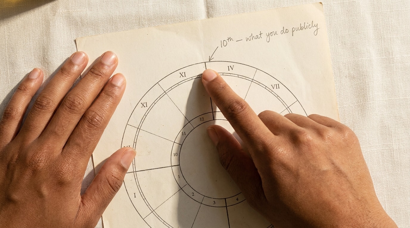 Adult hands tracing a placement on a printed astrological chart wheel resting on a wool throw, soft window light, intimate close-up