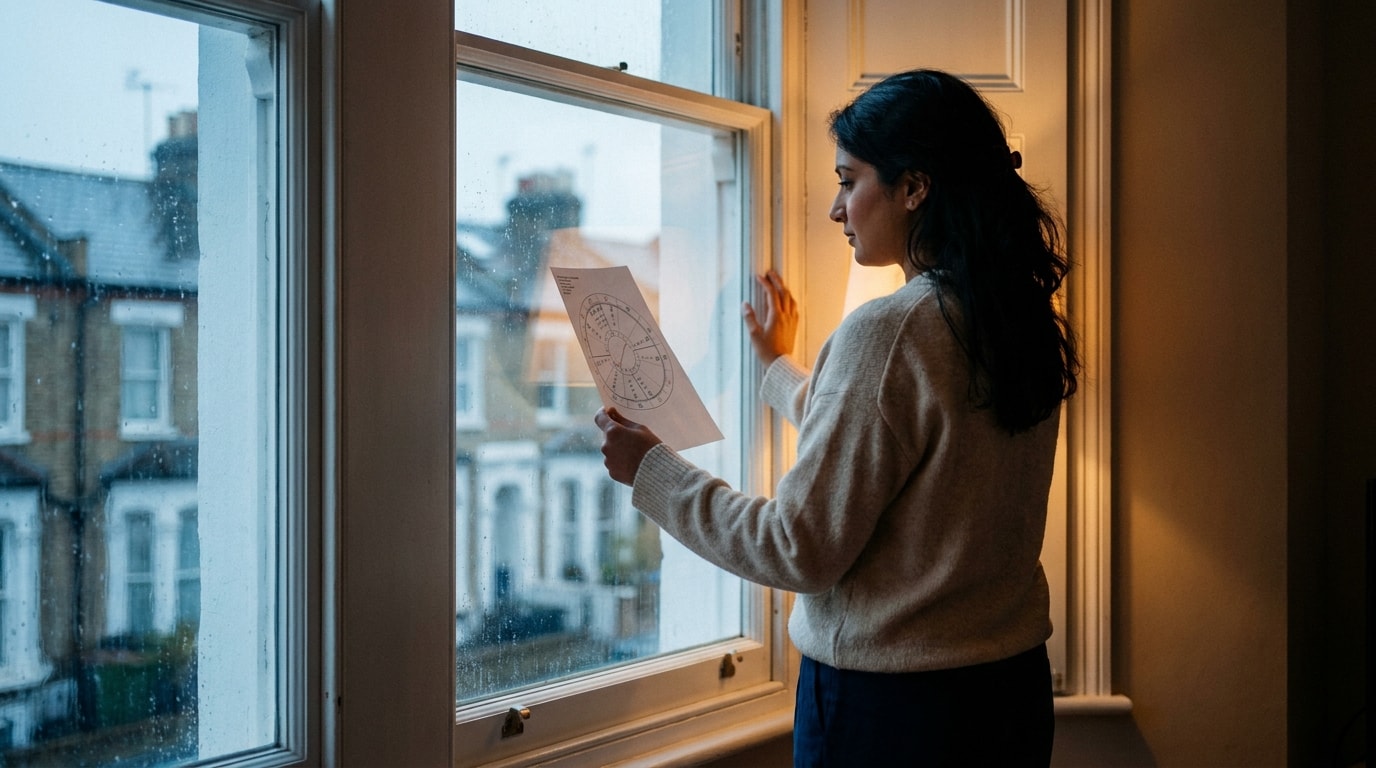 A man in his early forties sitting by a window in a soft autumn afternoon, notebook on his knee, looking out in quiet thought