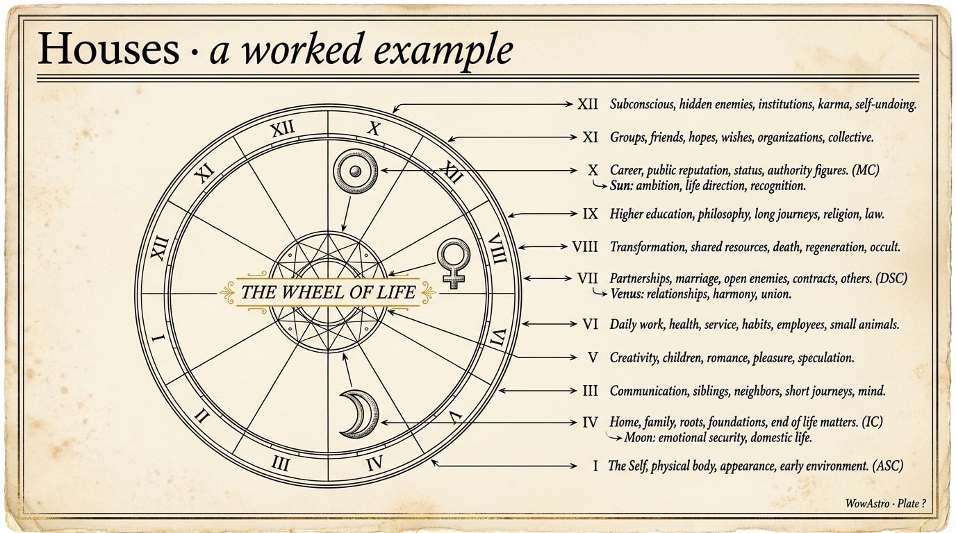 Illustrative natal chart wheel showing five highlighted placements distributed across the angular houses: Sun in 10th, Moon in 4th, Mercury in 3rd, Venus in 7th, Mars in 1st, rendered in warm gold and silver on a deep navy starfield, with a small grey caption "Illustrative composite, not a real person"