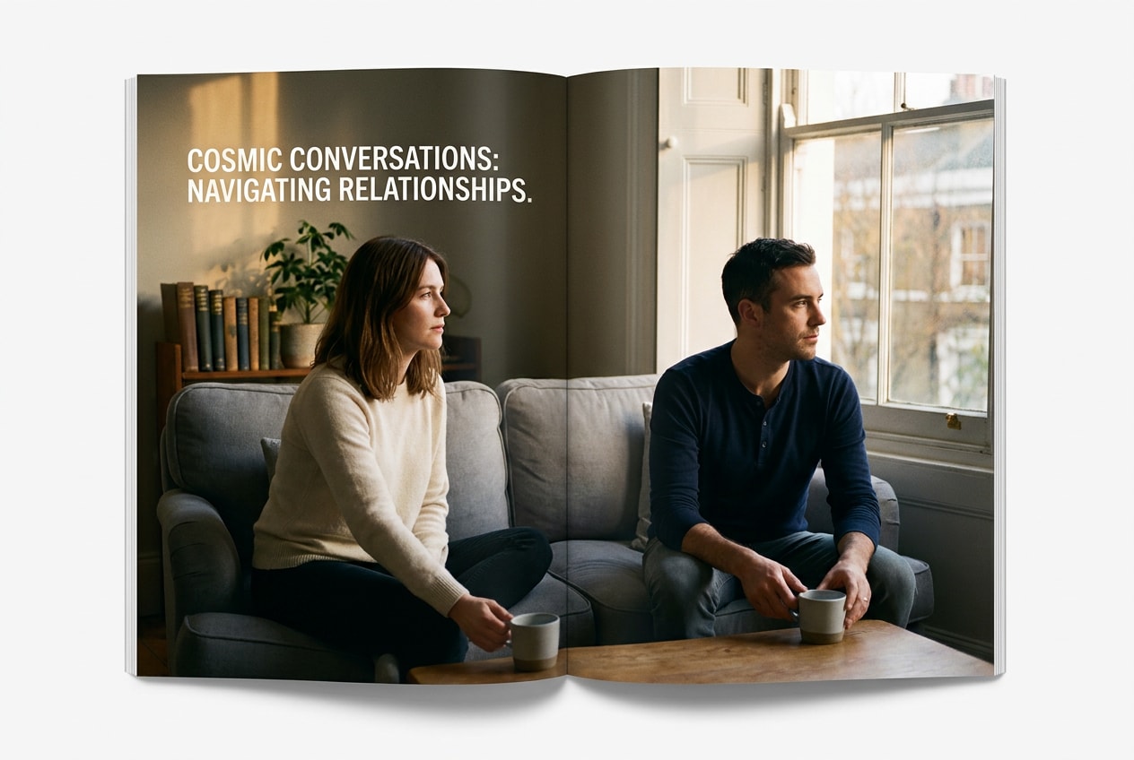 A photograph of a couple in their mid-thirties sitting at opposite ends of a soft grey sofa near a tall sash window in a London flat, late afternoon light through the glass, both turned slightly toward each other mid-conversation, two mugs on a low coffee table between them, calm and reflective rather than happy or distressed, neither speaking, both listening