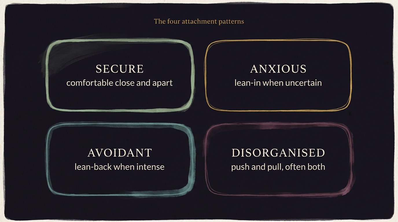 A clean infographic on a deep warm navy background showing a 2 by 2 grid of four labelled quadrants — top-left in soft sage green labelled SECURE with the gloss 'comfortable close and apart', top-right in warm gold labelled ANXIOUS with the gloss 'lean-in when uncertain', bottom-left in dusty teal labelled AVOIDANT with the gloss 'lean-back when intense', bottom-right in muted plum labelled DISORGANISED with the gloss 'push and pull, often both' — minimal sans-serif typography, generous whitespace, calm