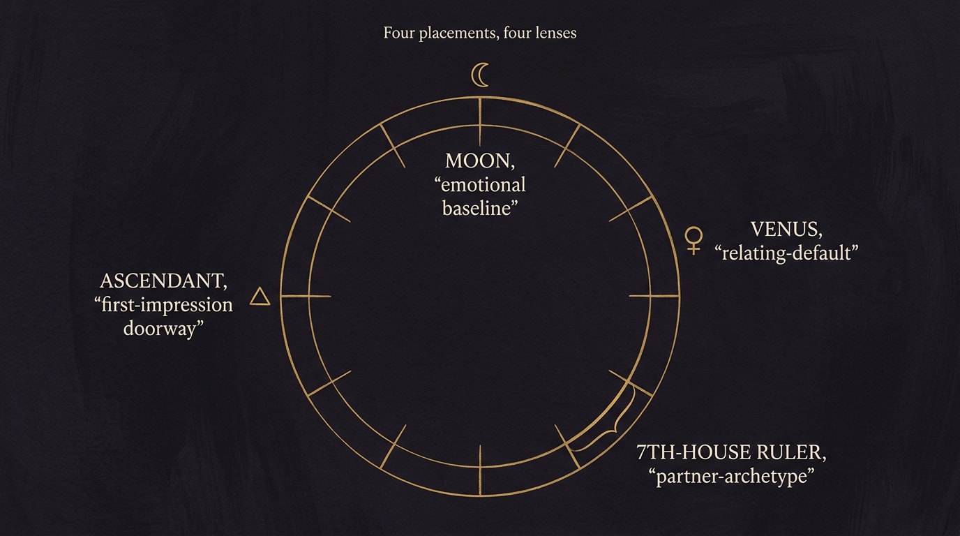 A clean infographic on a deep warm navy background showing a minimal birth-chart wheel outline in soft gold, with four glyphs highlighted around the rim — a crescent Moon symbol at the top labelled MOON, a Venus symbol on the right labelled VENUS, a small triangle on the left edge labelled ASCENDANT, and a seventh-house cusp glyph on the right edge labelled 7TH HOUSE — each with a one-line gloss in small sans-serif, all other chart detail omitted, lots of breathing space