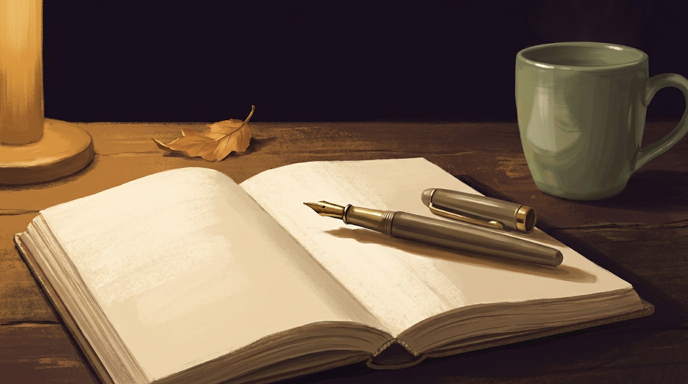 A still illustration of an open notebook on a wooden table, a fountain pen resting on the page, soft amber lamplight spilling across the paper, no visible writing, a small ceramic mug just out of focus to one side, warm muted palette, contemplative mood, no text overlay