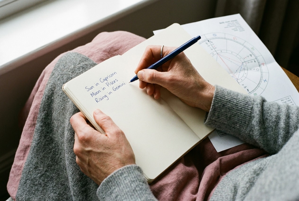 Close-up of hands holding an open notebook on someone's lap, with three short handwritten lines reading Sun in Capricorn, Moon in Pisces, Rising in Gemini, and a printed birth chart folded next to the notebook