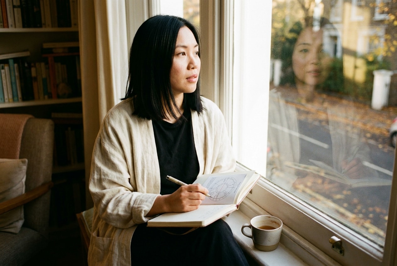A woman in her early thirties sitting on a deep windowsill in a converted Victorian flat, notebook on her knee, pen hovering, looking thoughtfully out the window in late afternoon light