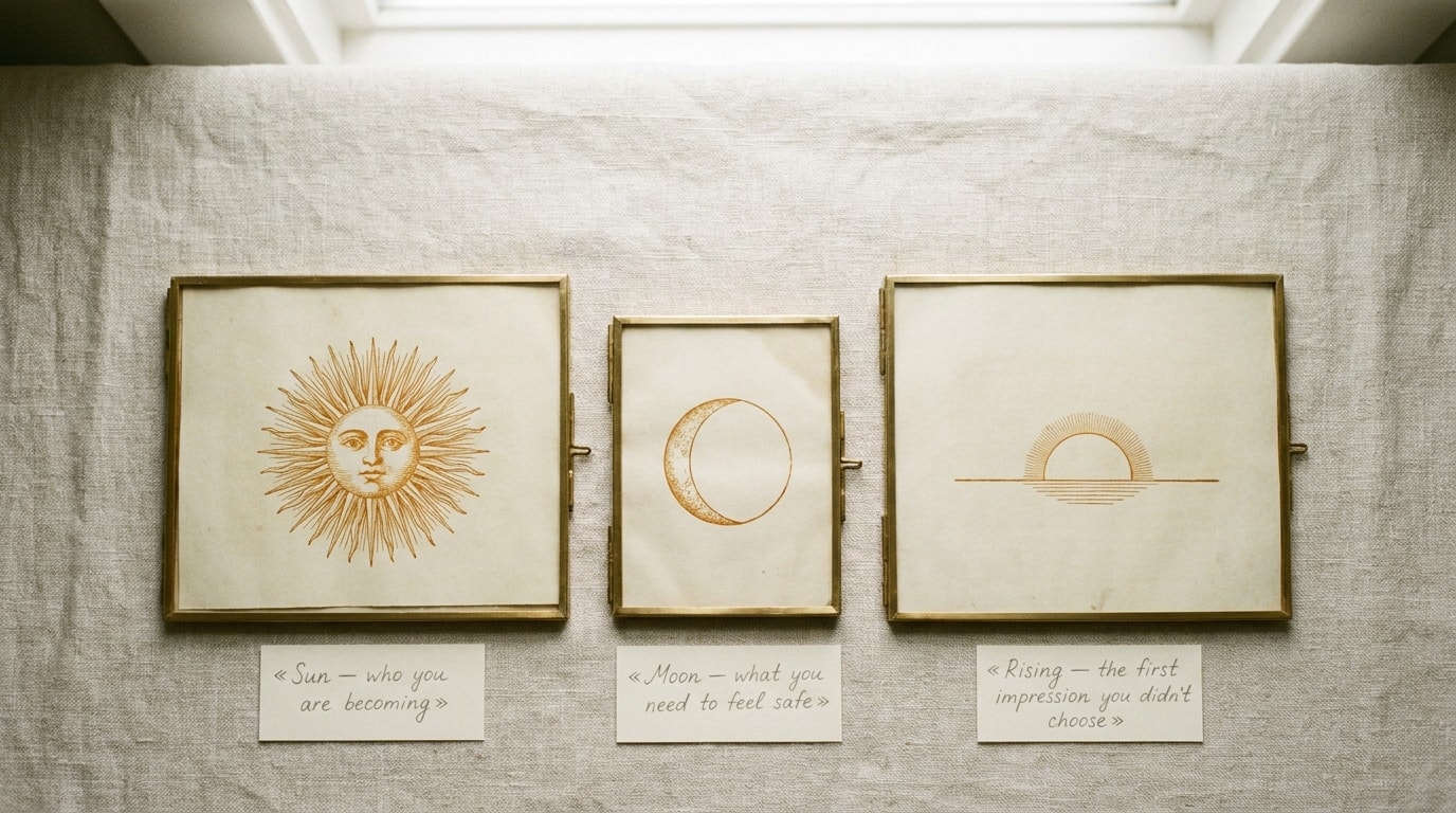 Editorial infographic of an astrological birth chart wheel with the Sun, Moon and Ascendant positions highlighted in gold, silver and amber, with a labelled list reading SUN the vector, MOON the interior, RISING the interface