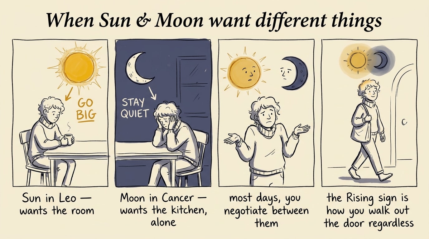 Decorative cosmic illustration of a gold Sun orb and a silver Moon orb on opposite sides of the frame, their arrows pointing in opposite directions while a luminous filament connects them across the middle