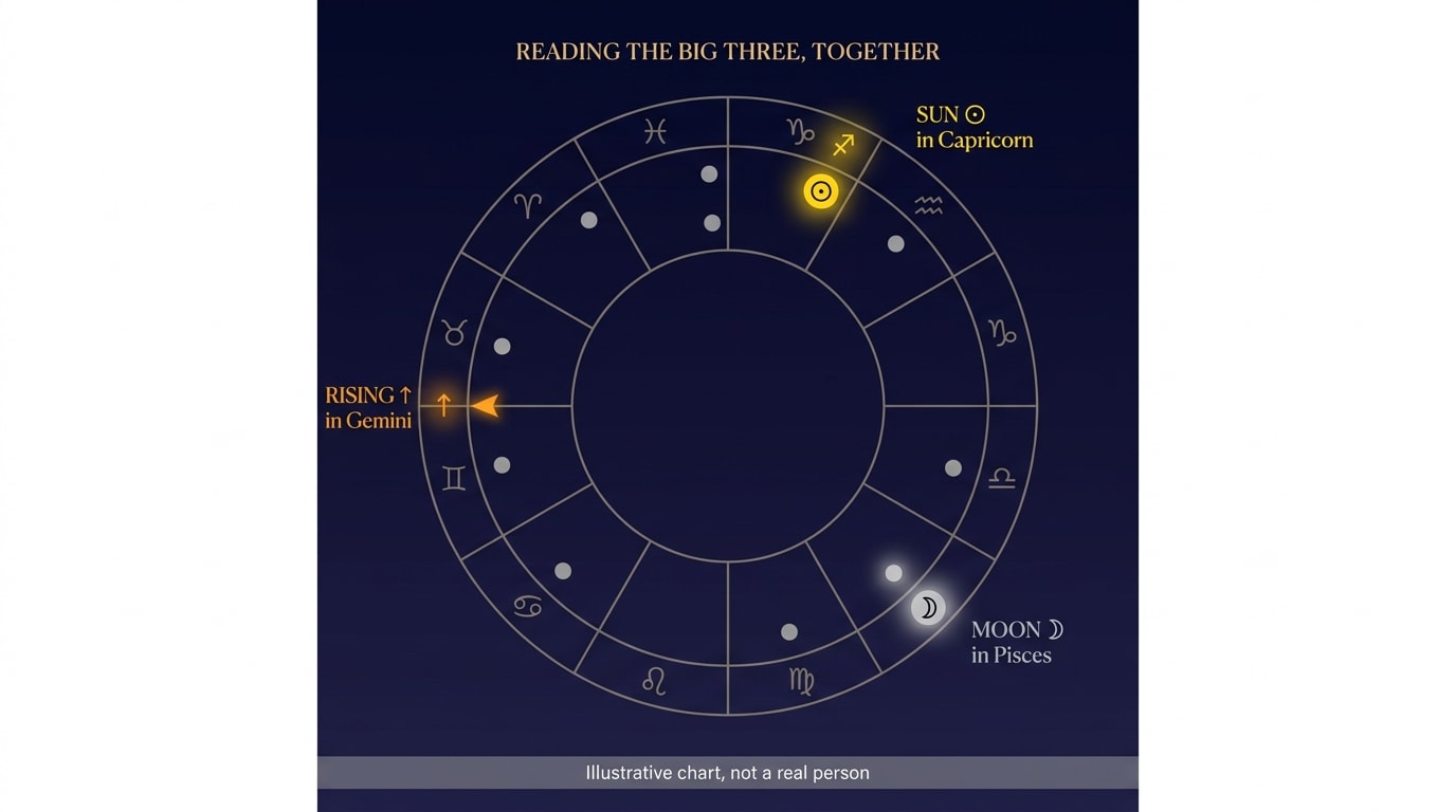 Illustrative birth chart wheel with Sun in Capricorn highlighted in gold, Moon in Pisces in silver, and Rising in Gemini marked on the left horizon in amber, with a caption reading Reading the big three together