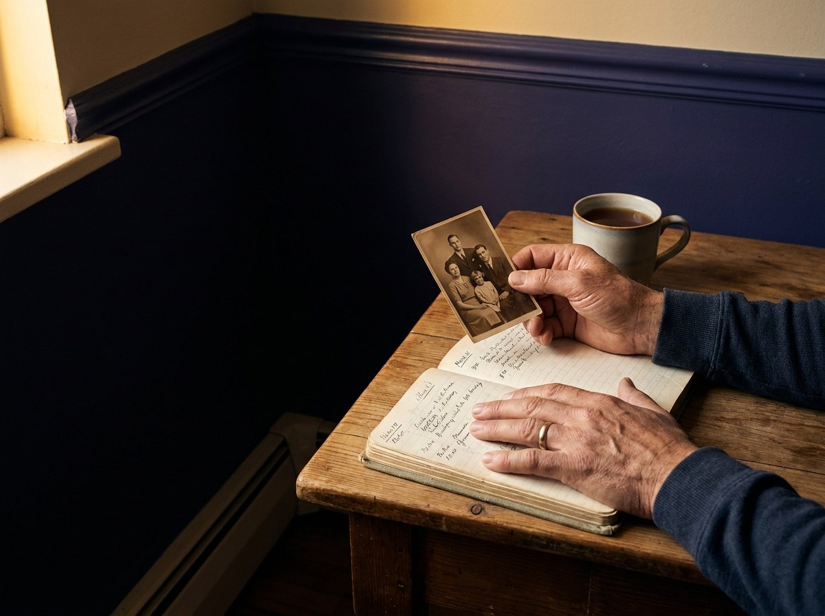 Hands with an old photograph and a notebook of dates under warm light.