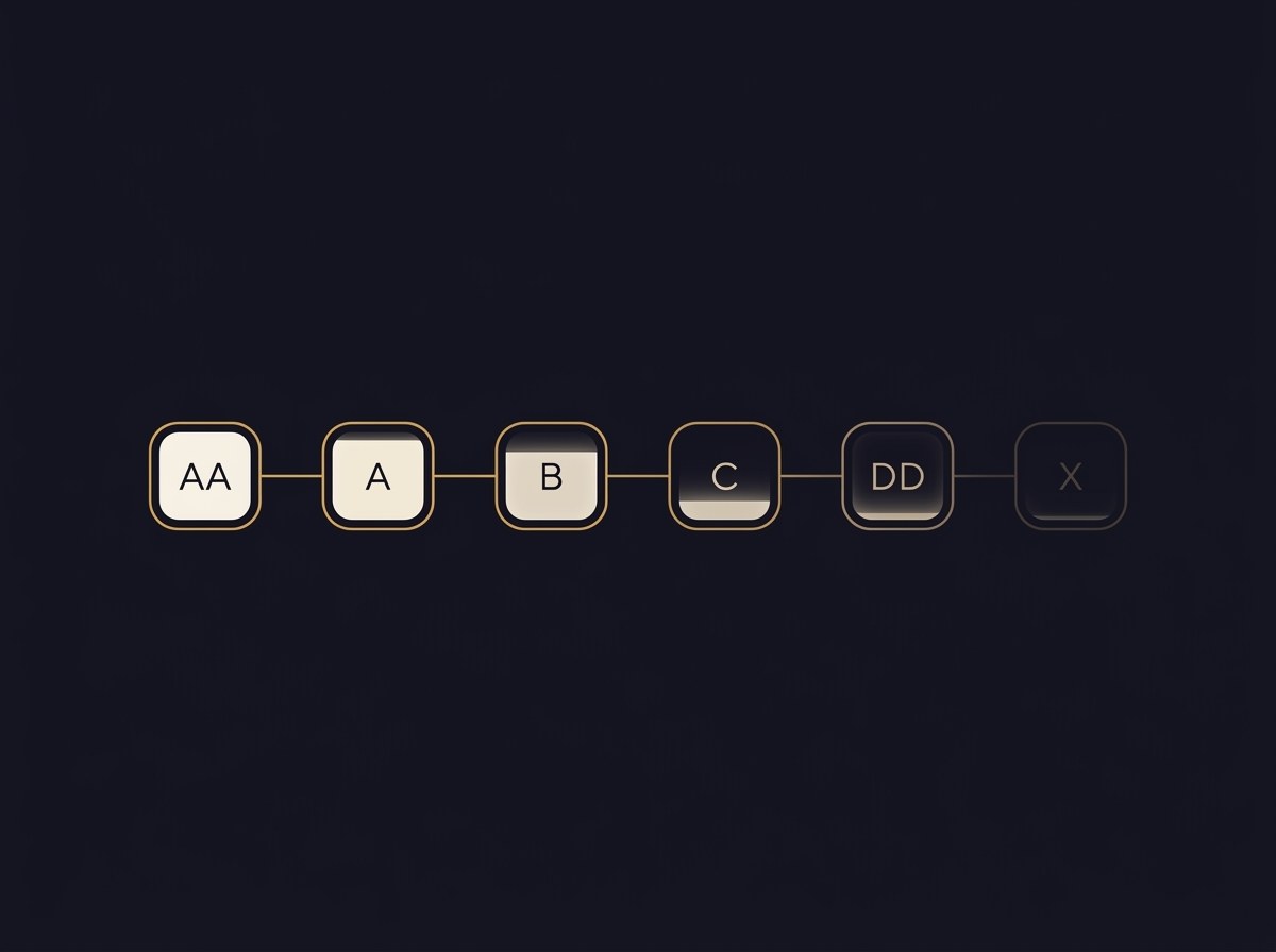 A gold-on-navy scale of birth-time source grades from AA down to X — the Rodden rating.