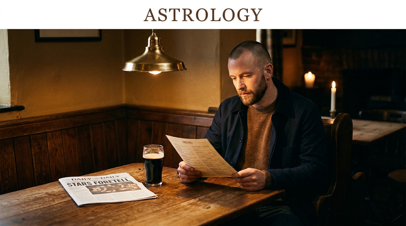 A 46-year-old Mixed heritage man in pub corner alone afternoon, wearing casual jacket, half-pint of ale, reading paper menu, soft natural editorial lighting