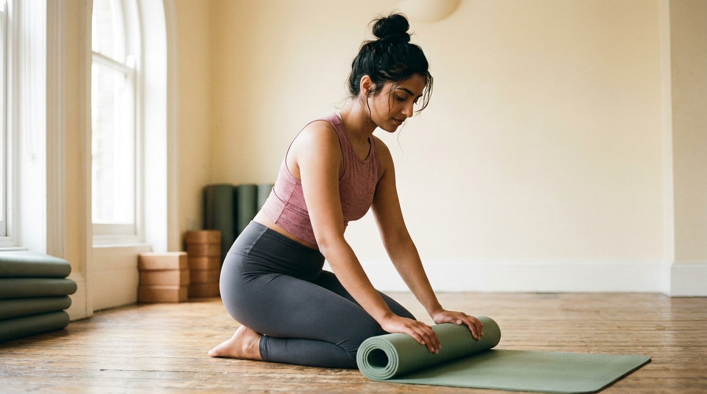 A 29-year-old British Indian woman in yoga studio morning, wearing soft activewear, rolling up mat, soft natural editorial lighting
