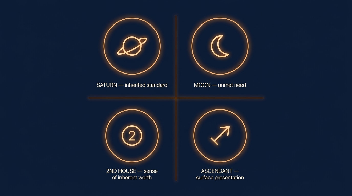 A clean editorial infographic on a deep navy background, four soft-lit quadrants in a single frame, each labelled at the bottom in a small sans-serif typeface: 'SATURN — inherited standard', 'MOON — unmet need', '2ND HOUSE — sense of inherent worth', 'ASCENDANT — surface presentation'; warm amber accent rings around each quadrant; minimal, restrained, no clutter