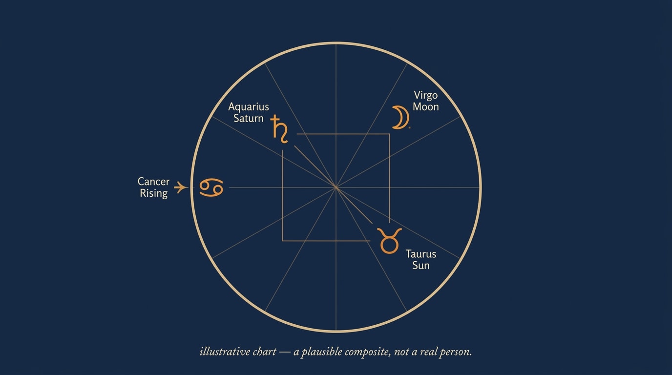 A simple illustrative chart wheel on a deep navy background, with four positions highlighted in warm amber: a Taurus Sun glyph in the early degrees, an Aquarius Saturn glyph in the early degrees with a faint square line drawn between them and the Sun, a Virgo Moon glyph in the late degrees, and a Cancer Rising marker on the left edge; minimal labels, restrained editorial style, caption-friendly