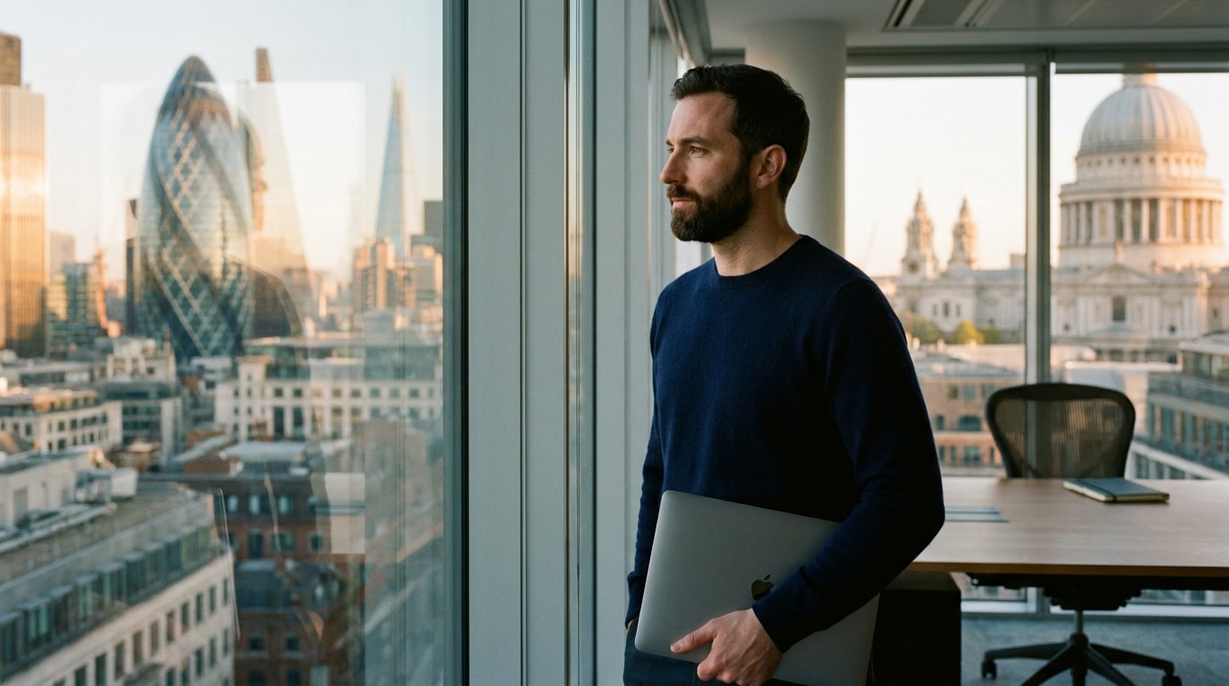 A UK professional man in his mid-thirties standing at a tall office window, laptop closed under his arm, looking out at the city, thoughtful but neither stressed nor performing calm; just present