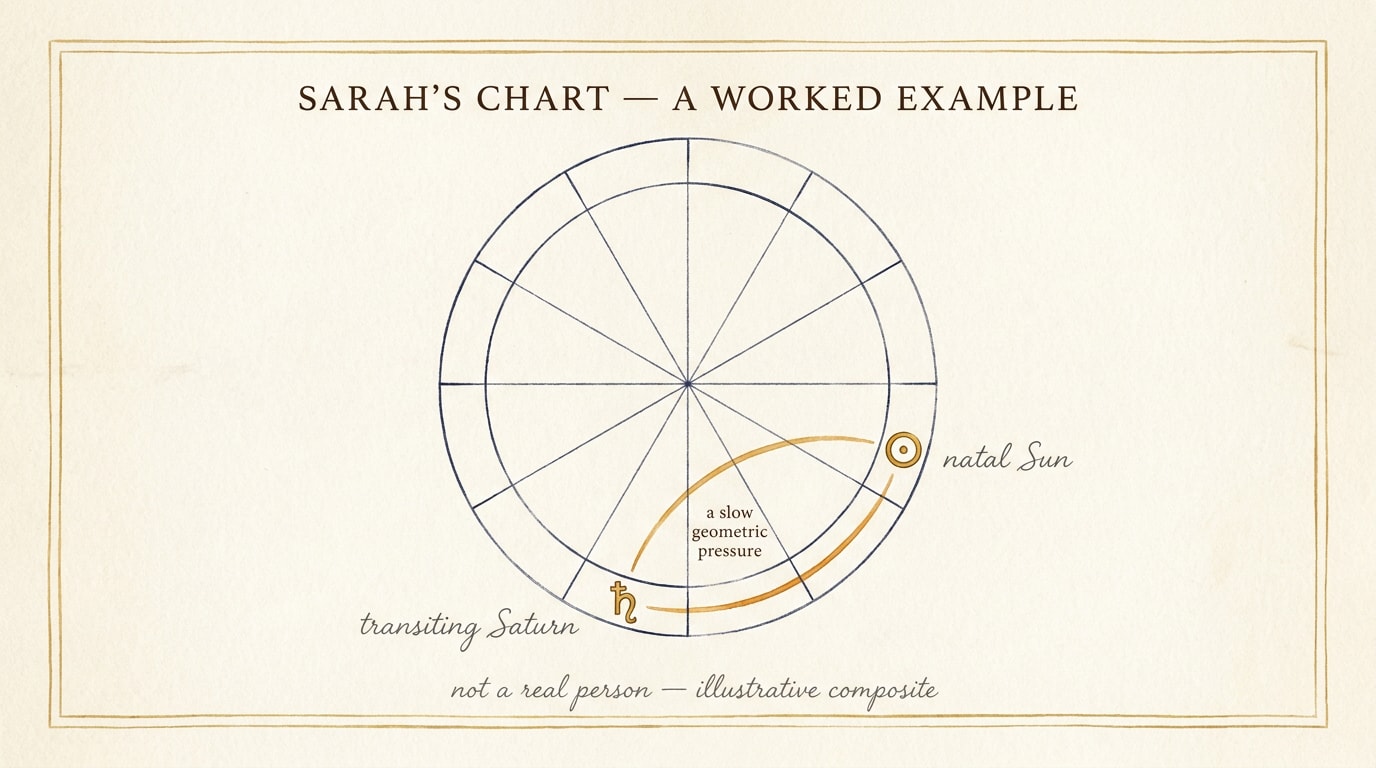 A hand-sketched architectural blueprint on aged ivory paper with soft paper grain and faint corner tea-stains: a schematic chart wheel drafted by hand in soft black pen-line, twelve-house division as light navy measurement-guide spokes, outer ring scored with delicate pen tick-marks, visible drafting compass arcs left un-erased. Two pen-line glyphs on the ring with handwritten cursive leader-lines — Saturn (♄) at the 3 o'clock position annotated 'Saturn — transiting, 12–24 mo window'; the Sun (☉) at the 10 o'clock position annotated 'natal Sun — point of compression'. A faint navy dotted line traces the geometric relationship. Below the figure, a cursive note 'compression, not catastrophe' underlined in soft warm amber