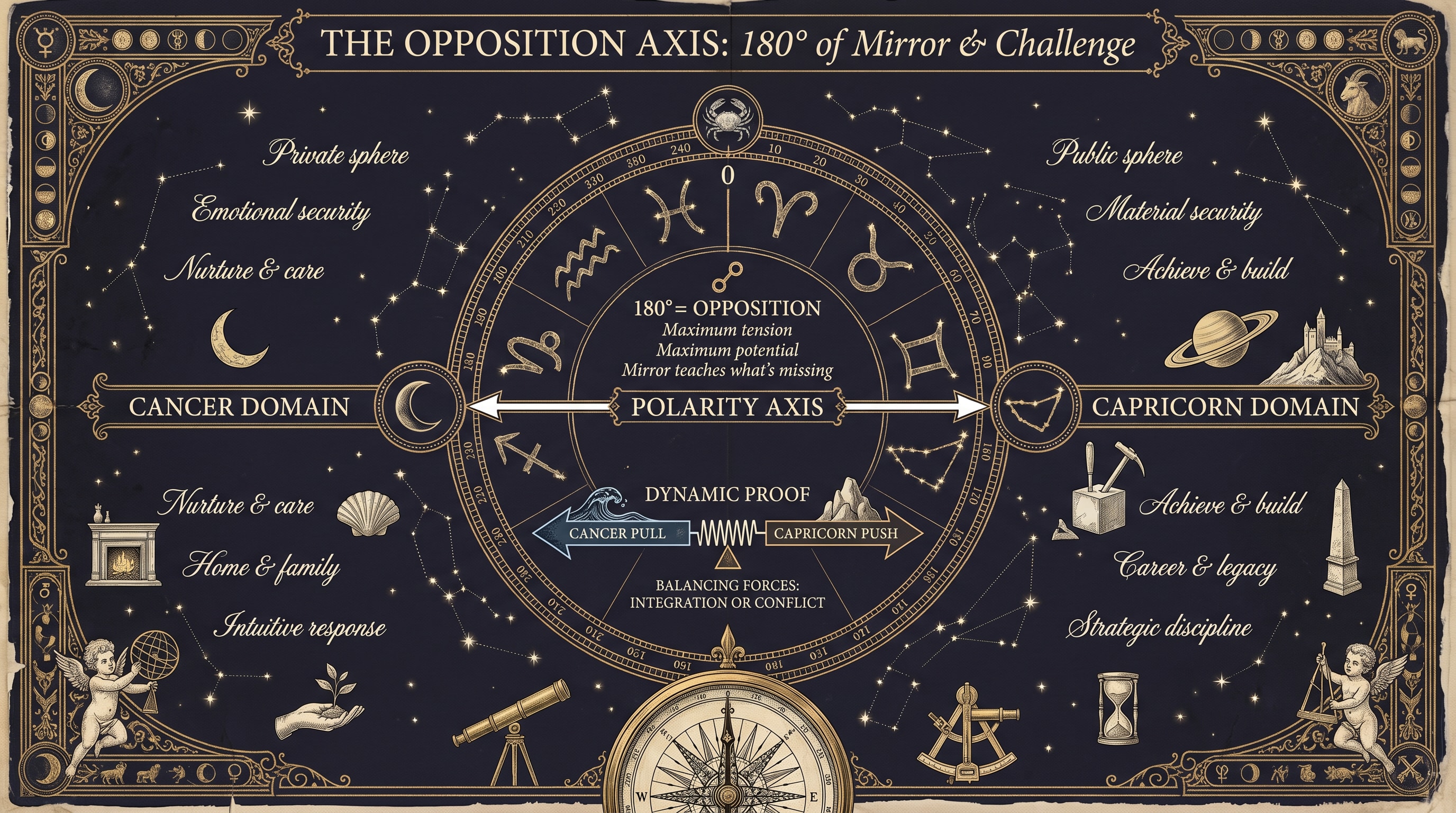 An editorial paper-collage infographic with torn-edge navy and amber paper shapes layered on warm cream, a hand-drawn house on the left labelled "Cancer — 4th house, home, inside, nest", a hand-drawn ladder on the right labelled "Capricorn — 10th house, career, outside, ladder", and an oversized italic serif quote across the centre navy band reading "the vocation axis — 180 degrees"