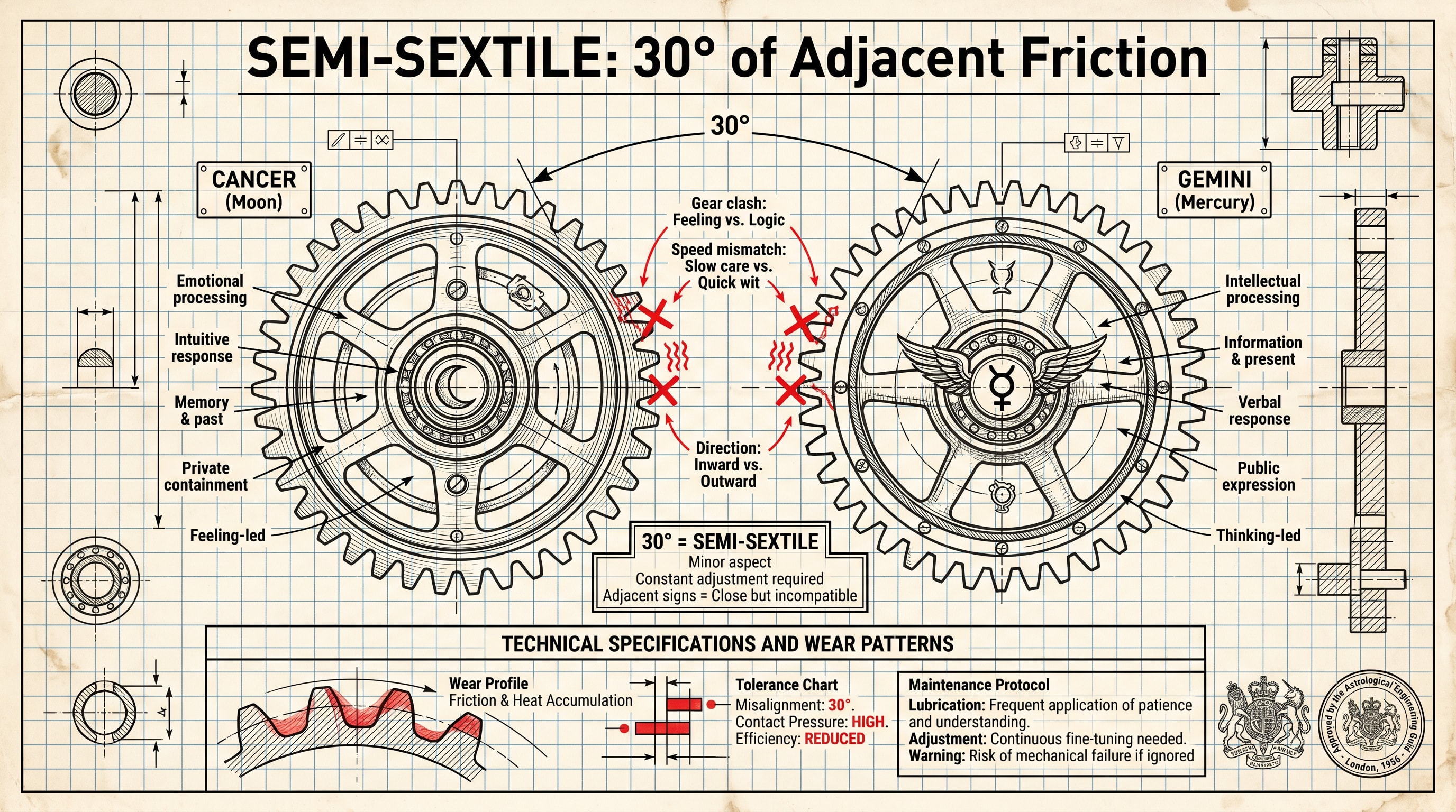 A vintage scientific-textbook engraving in thin black ink on warm cream paper showing the zodiac wheel with twelve fine-ruled segments, the Gemini segment from sixty to ninety degrees and the adjacent Cancer segment from ninety to a hundred and twenty degrees, the thirty-degree arc between them picked out in pale amber and labelled in Roman-numeral typography "Semisextile · XXX°"