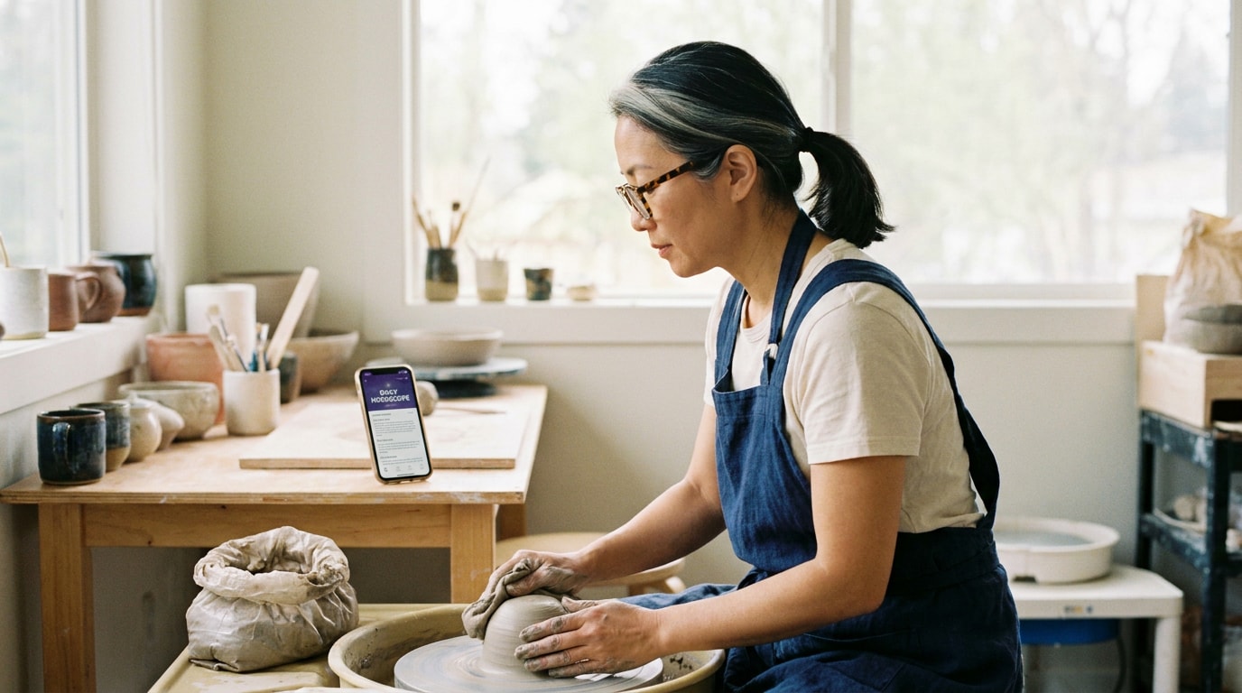 A woman of East Asian heritage in her early forties wearing a clay-streaked linen apron at a community pottery wheel, pausing mid-task to wipe her hands and glance down at a phone showing «daily horoscope» on the wheel's side-table, calm and observational in the spirit of a Guardian feature