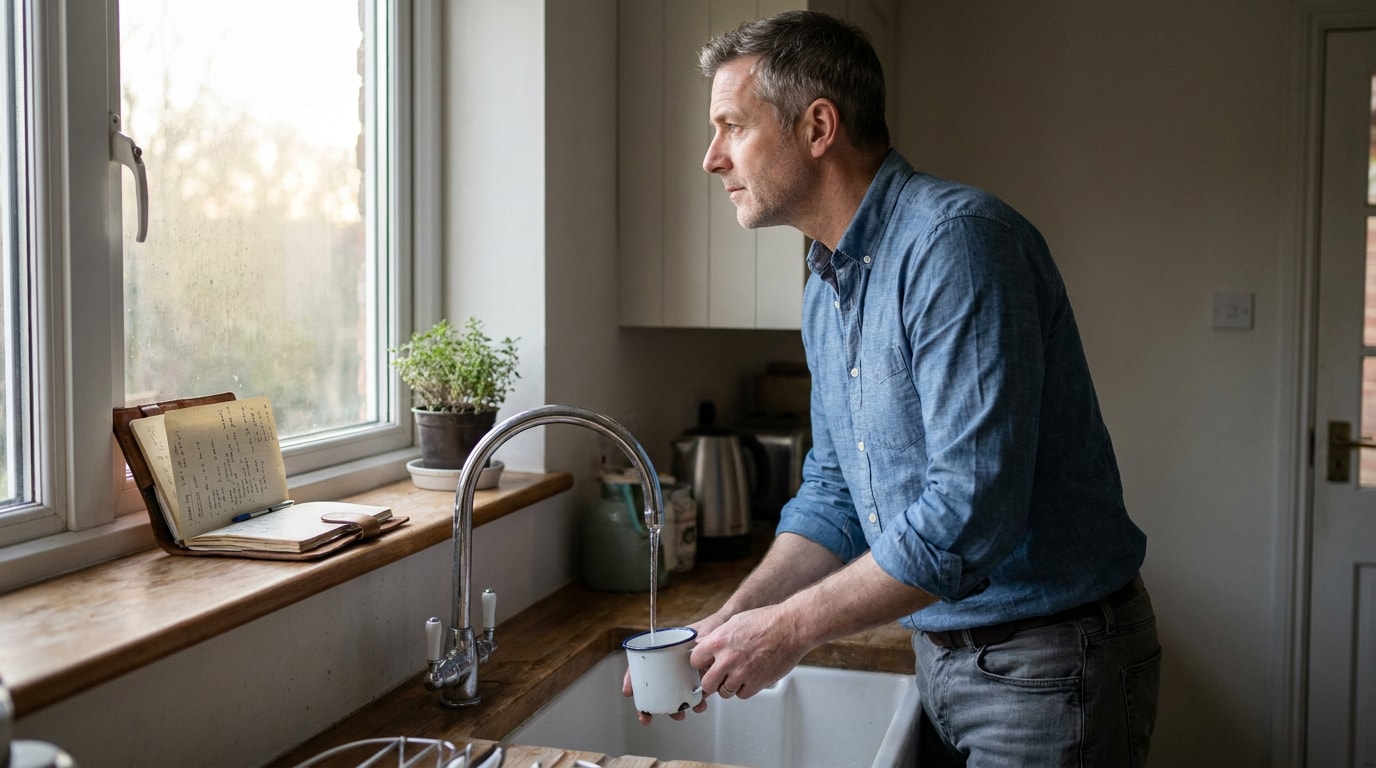 A White British man in his early fifties at the kitchen sink in early morning after a night shift, rinsing a chipped enamel mug under the tap, pale grey-gold light through the window above, an open notebook left on the sill beside him, a quiet observational closing image in the spirit of an Aeon essay