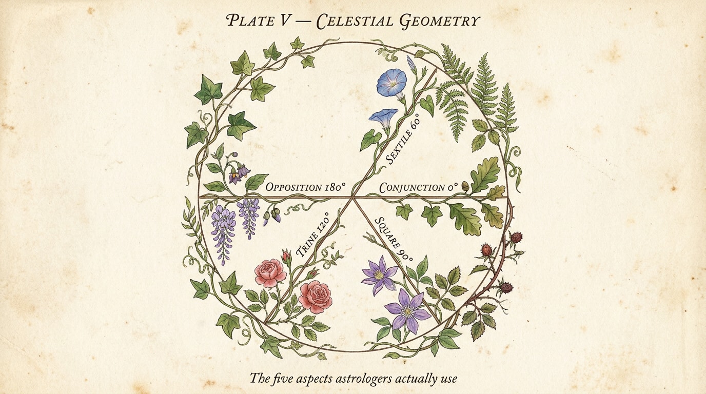 An Audubon-style botanical-celestial watercolour illustration on aged cream paper with thin ink outlines and amber and navy washes, showing a hand-drawn circle crossed by five fine ink chords at different angles, each annotated in copperplate script — Conjunction 0°, Sextile 60°, Square 90°, Trine 120°, Opposition 180° — with botanical tendrils curling from the labels and a finer caption "The five aspects astrologers actually use"