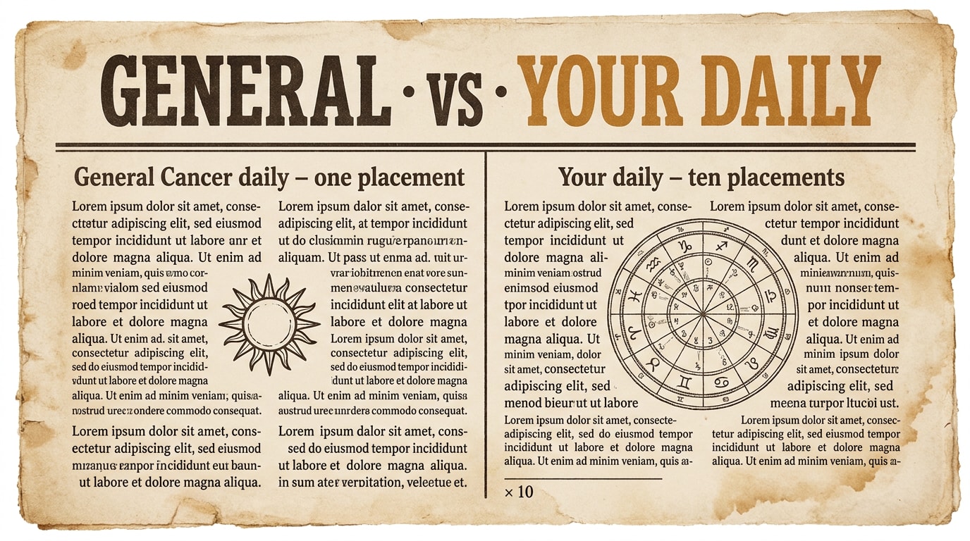 A vintage 1920s-40s broadsheet newspaper spread on warm cream paper with black ink and one amber accent on the lead headline, divided into two columns by a thin printer's rule under an engraved ornament: oversized serif masthead "GENERAL · vs · YOUR DAILY", left column with drop-cap "G" and a single engraved Sun glyph captioned "General Cancer daily — one placement", right column with drop-cap "Y" and an engraved birth-chart wheel captioned "Your daily — ten placements", with a small italic note "× 10" across the foot