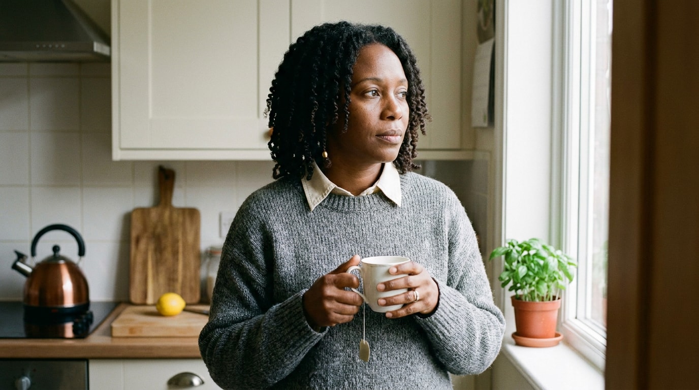 A 42-year-old Black British Caribbean woman in a home kitchen midmorning, wearing a silk-cotton blouse, holding a mug with a teabag dangling, looking out the window, lost in thought, soft side-light