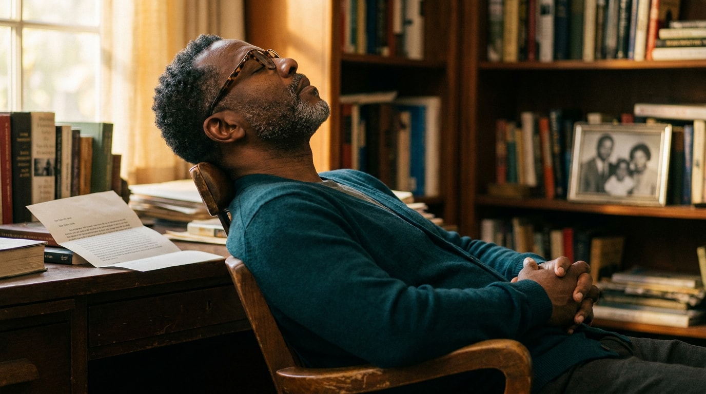 A 50-year-old Black British African man in a home study afternoon, wearing a cardigan over a collared shirt, leaning back briefly in his desk chair with his eyes closed, soft afternoon light through a window
