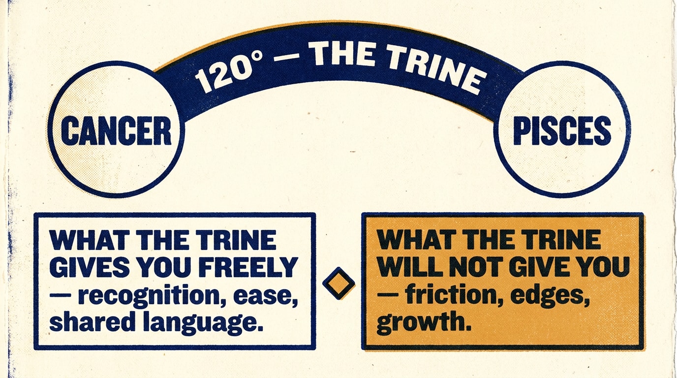 A risograph zine page on cream, two stacked text blocks in bold sans-serif caps, navy and amber three-colour layers with slight registration drift and heavy grain; a thick navy arc labelled "120° — the trine" curves between two cream circles marked "Cancer" and "Pisces"; left block reads "WHAT THE TRINE GIVES YOU FREELY — recognition, ease, shared language"; right block reads "WHAT THE TRINE WILL NOT GIVE YOU — friction, edges, growth"