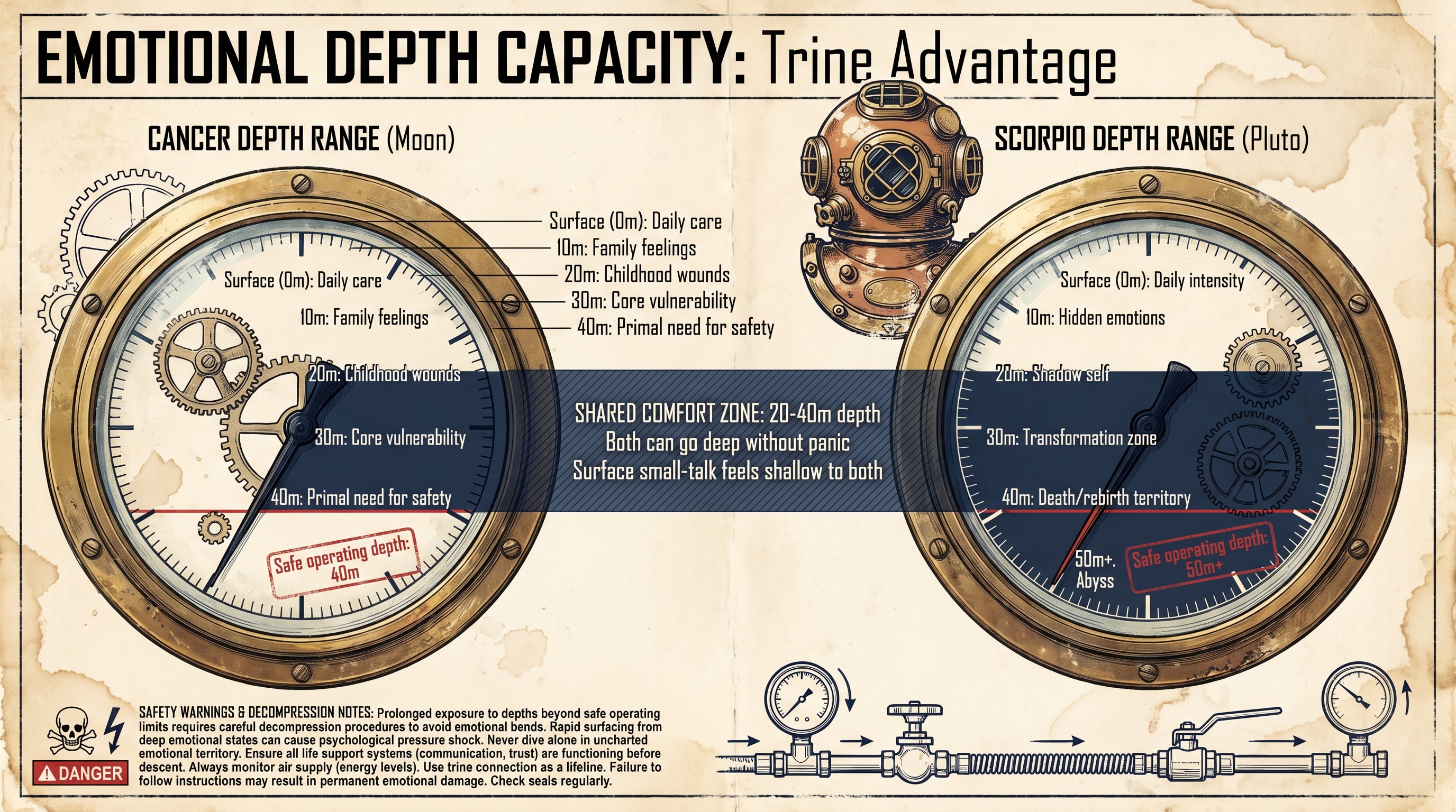 Vintage 1930s broadsheet newspaper page in warm cream and black ink with an amber accent rule, oversized serif headline "What synastry actually checks", three columns separated by ornate fleuron dividers, a hand-drawn schematic of two overlapping astrological wheels on the left and a drop-cap numbered list of the five factors on the right