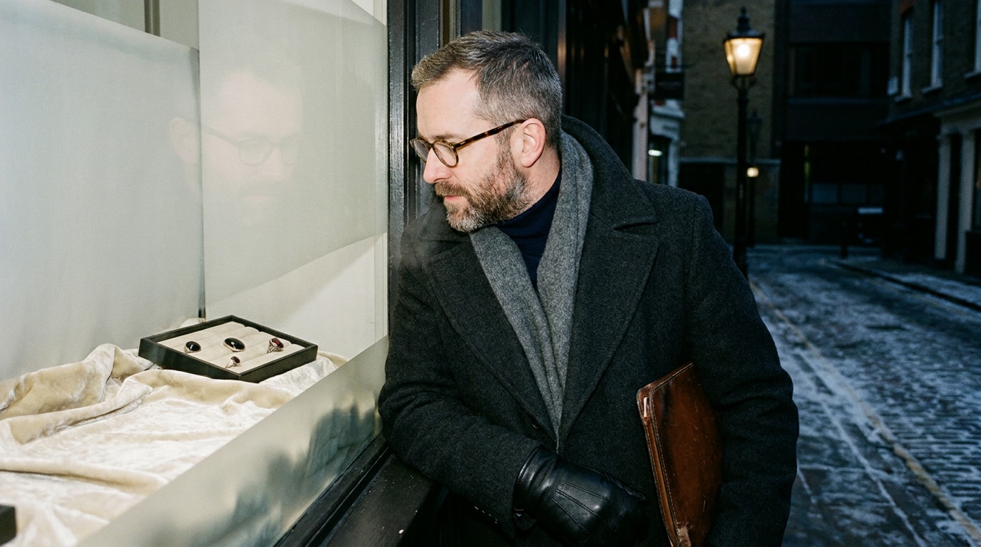 A 46-year-old man of mixed heritage standing on a Hatton Garden side-street on a cold January morning, wearing a heavy dark wool overcoat and a soft grey scarf, leaning slightly forward to study a small jeweller's tray of dark stones (a black onyx cabochon, a smoky-quartz briolette, a deep-red garnet) through a partly-frosted shopfront window, his breath barely visible in the glass, gloved hands loose at his sides, the quiet careful attention of someone choosing something to last, the street behind him dim with pre-rush-hour light, in the spirit of a Sunday Times Magazine documentary photograph