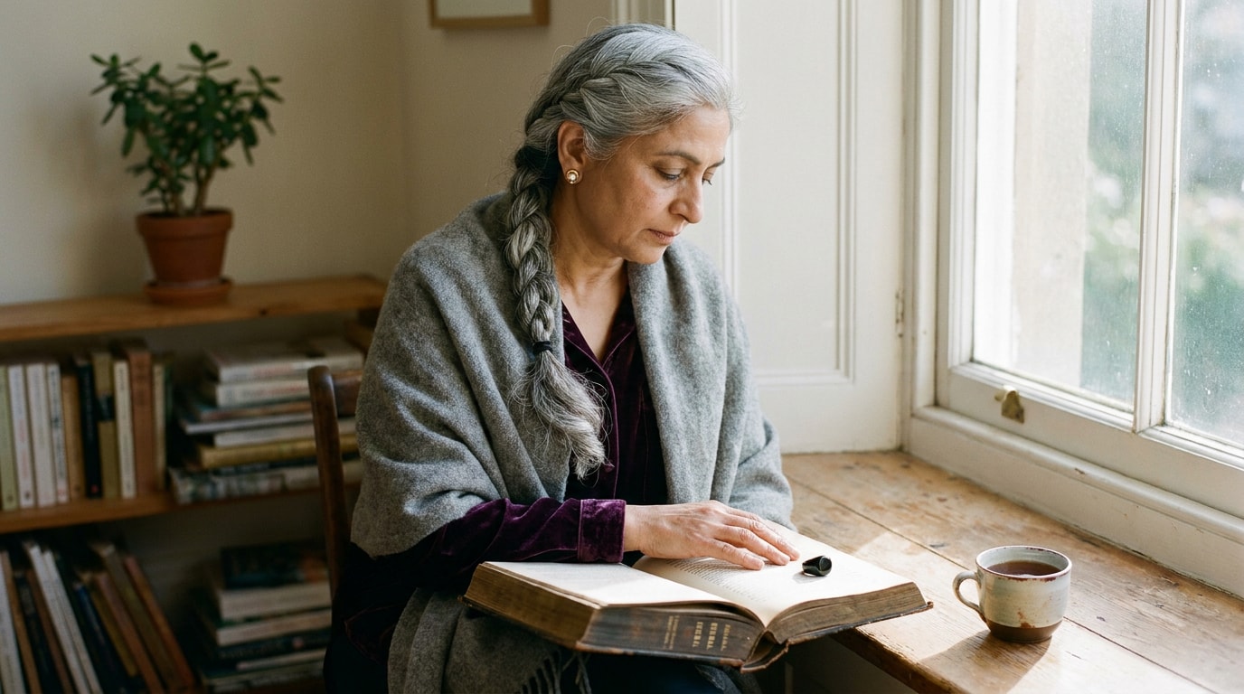 A 55-year-old British Pakistani woman sitting on a window-seat in a south-facing room on a soft afternoon, wearing a thin shawl over a deep-plum blouse, an open hardback resting on her lap with the spine of an old leather-bound herbal visible in the gap, a small black onyx ring set on top of the open page, her right hand resting near the ring but not yet touching it, looking down at the book with quiet thought rather than reverence, the afternoon light catching the ring's quiet polished darkness, real lines around the eyes, no retouching, in the spirit of an Aeon essay opener photograph