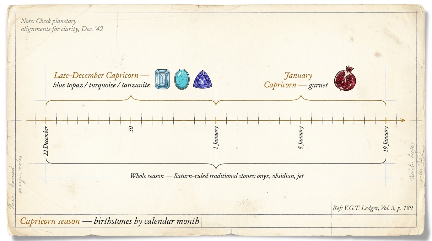 A hand-sketched architectural blueprint infographic on aged ivory cream paper with subtle grain and a soft pencil shadow along the lower edge, in the spirit of a Victorian draughtsman's table. A long horizontal timeline rule runs across the page from «22 December» on the left to «19 January» on the right, drawn in fine warm-amber pen-line with pencil tick-marks at each date. Above the timeline, two labelled bracket-spans divide the season: the left half reads «late-December Capricorn — blue topaz / turquoise / tanzanite» in handwritten serif, with three tiny stone glyphs in pen-line beside it; the right half reads «January Capricorn — garnet» with a single pomegranate-seed garnet glyph beside it. Below the timeline, a third lower bracket runs the full length labelled «Whole season — Saturn-ruled traditional stones: onyx, obsidian, jet» in smaller pencil text. Faint pencil margin notes in the corners hint at older annotations. A handwritten title strip at the foot reads «Capricorn season — birthstones by calendar month»