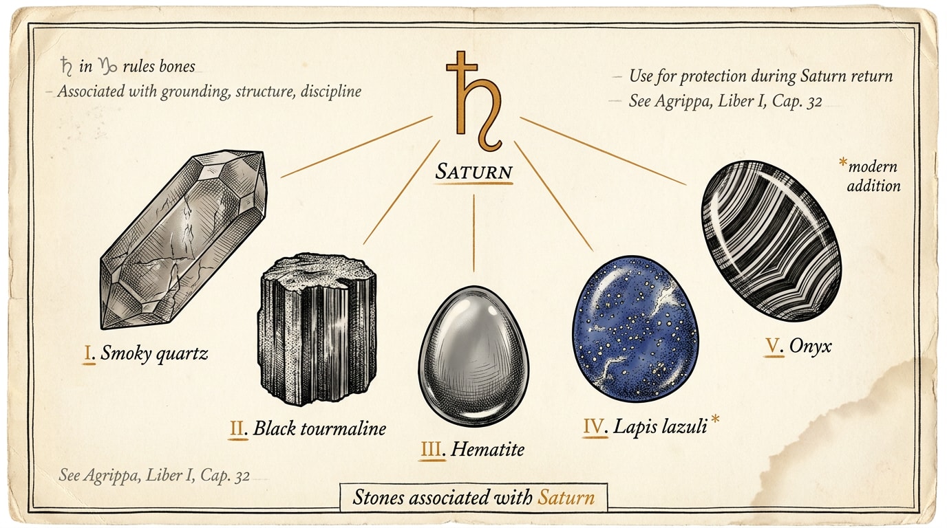 A vintage scientific diagram engraved on aged ivory cream paper with subtle grain and a faint tea-stain shadow in the lower corner, in the spirit of a 1950s Scientific American or Audubon mineralogical plate. The composition is anchored by a central Saturn glyph (the planet's traditional sickle-shaped symbol) rendered in warm-amber pen-line at the top of the page. Five stones are drawn in fine black ink line-work radiating from Saturn on thin amber leader-lines, each labelled in Roman numerals. I. Smoky quartz — a long faceted crystal in cross-hatched grey-brown shading. II. Black tourmaline — a chunky parallel-striated prism. III. Hematite — a smooth metallic-lustre cabochon with subtle highlight. IV. Lapis lazuli — a rounded cabochon with tiny pyrite-fleck dots, labelled with a small pencilled asterisk and «*modern addition» in the margin. V. Onyx — a banded chalcedony cabochon. Handwritten serif labels in black ink sit beneath each stone; Roman numerals are underlined in single warm-amber pencil strokes. Faint pencil margin notes hint at older annotations. A handwritten title strip at the foot reads «Stones associated with Saturn»