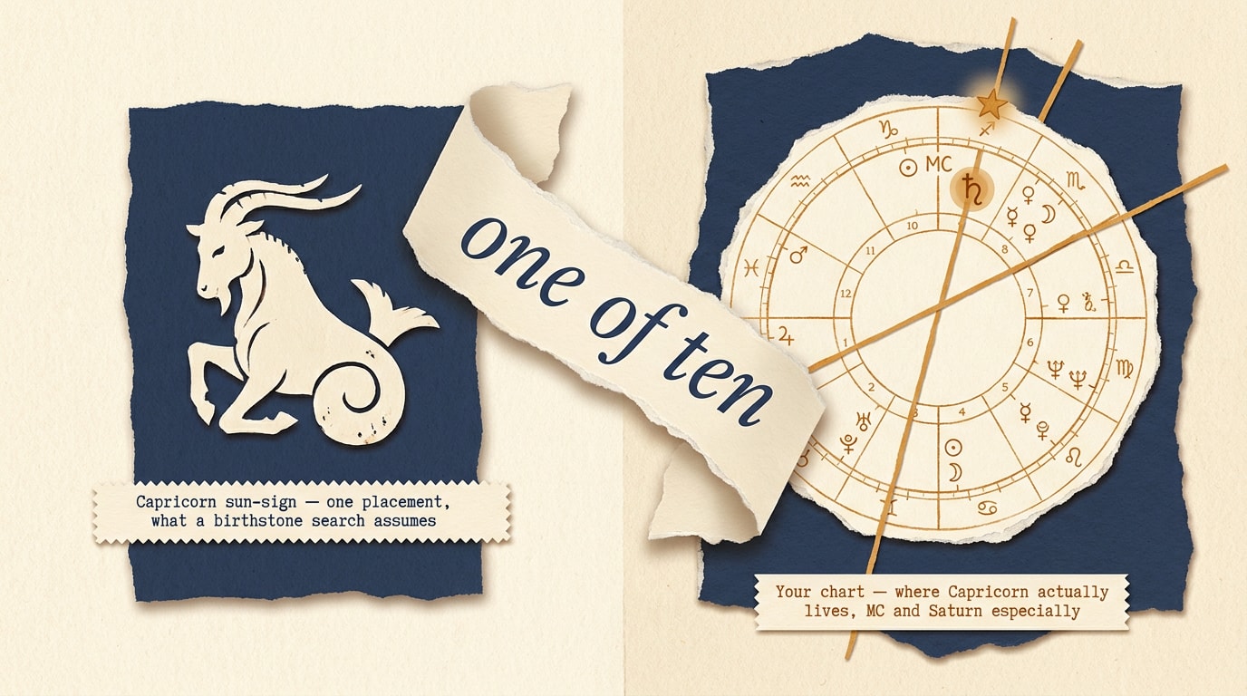 An editorial collage in the spirit of a New Yorker or FT Weekend Magazine cover, built from layered torn-paper shapes with visibly rough edges and a soft drop-shadow beneath each piece for depth. The frame is split into two halves by an oversized italic serif quote ribbon set diagonally across the seam reading «one of ten». On the left half, a small warm-amber Capricorn sea-goat glyph (a goat's upper body with a curling fish-tail) cut from cream paper is pasted onto a torn warm-navy rectangle, with a small typewriter-style label strip reading «Capricorn sun-sign — one placement, what a birthstone search assumes». On the right half, a full astrological birth-chart wheel cut from cream paper in fine amber pen-line, twelve house divisions marked, ten tiny planetary glyphs scattered around the wheel at varied positions, the Midheaven (MC) marked with a small amber star at the top, mounted over a torn warm-navy panel and crossed by two thin amber rule-lines at angles, with a label strip reading «Your chart — where Capricorn actually lives, MC and Saturn especially»