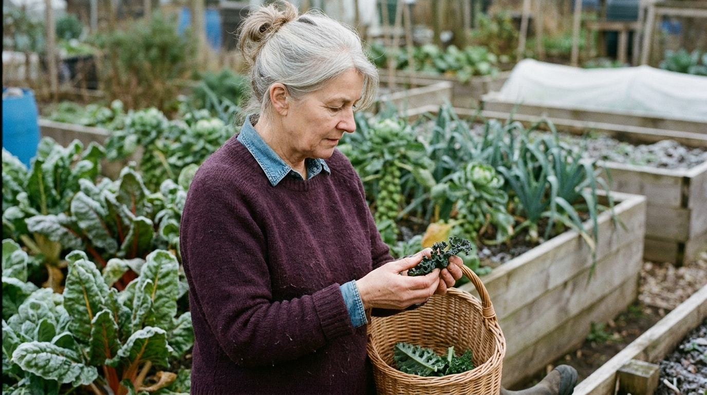 A 62-year-old White British woman in allotment / vegetable garden midday, wearing gardening jumper, examining a leaf, soft natural editorial lighting