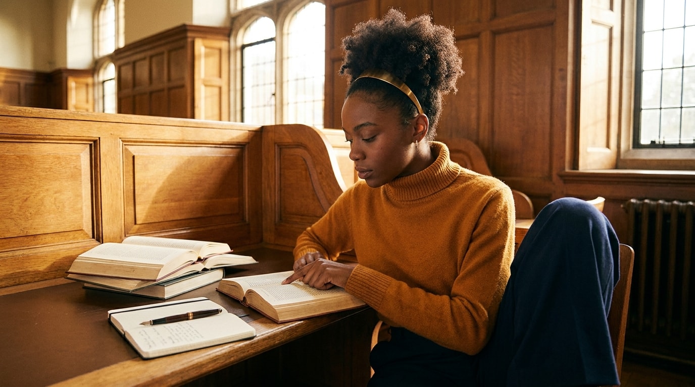 A 27-year-old Black British (Caribbean) woman in university library carrel, wearing cream rollneck + dark trousers, rereading a passage with finger on the line, soft natural editorial lighting
