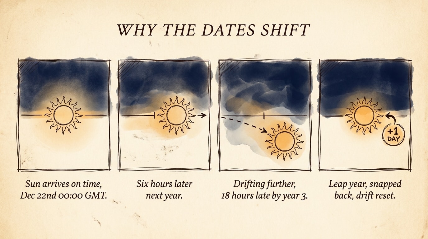 A hand-drawn editorial comic-strip sequence in four loose pen-line frames on warm cream paper, narrating the tropical-year drift: the Sun arriving on time, then six hours late, then drifting further, then snapped back by the leap year, with handwritten serif captions and quiet washes of deep navy and warm amber