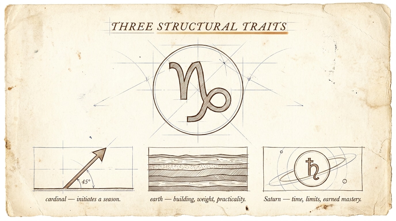 A hand-sketched architectural blueprint on aged ivory paper, drawn as if pulled from an astronomer's working notebook: a large pen-line Capricorn glyph set inside a hand-drawn circle with light navy compass-guides, and three pen-sketched study panels below — a horizon-arrow captioned "cardinal — initiates a season", stacked earth strata captioned "earth — building, weight, practicality", and a Saturn glyph captioned "Saturn — time, limits, earned mastery" — with handwritten serif annotations and a warm-amber underlined title