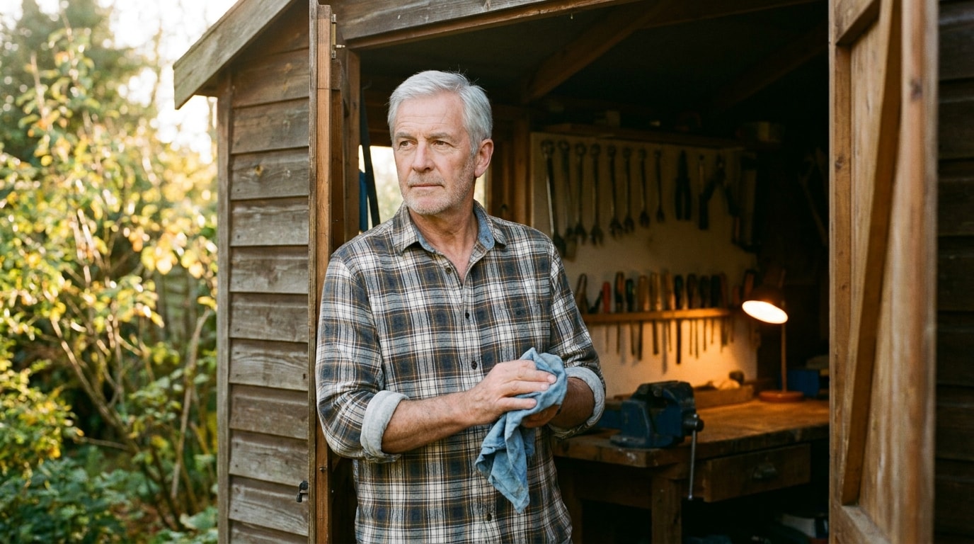 A White British man in his mid-sixties standing at the open doorway of his workshop shed in soft afternoon light, wearing a faded plaid flannel shirt with sleeves rolled, wiping his hands on a rag and looking out of the doorway considering, hand tools and a workbench visible inside behind him, in the spirit of a Guardian Weekend feature photograph