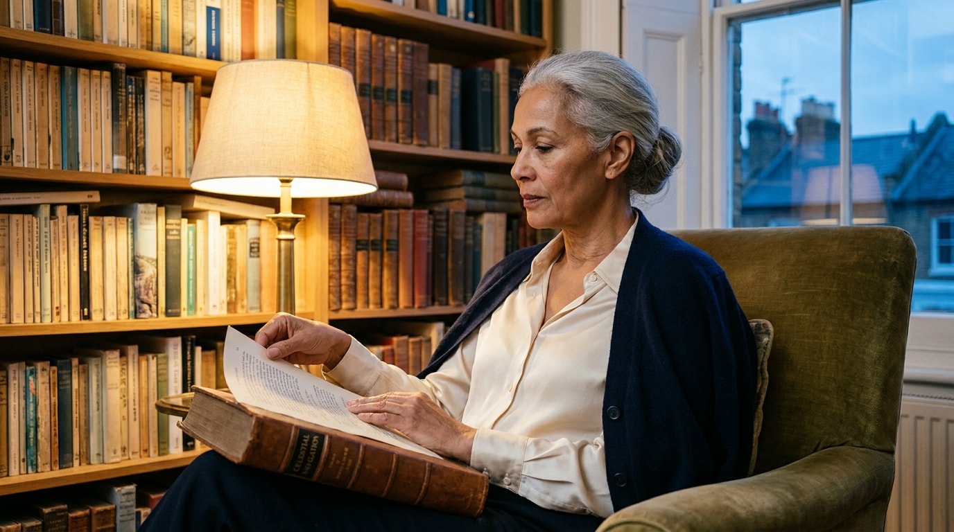 A woman of mixed heritage in her late sixties sitting in a low armchair in her sitting room, turning a page of a large hardback book on her lap, wearing a cream silk blouse and soft navy cardigan, floor-to-ceiling bookshelves filling the wall behind her, warm brass-lamp light pooling across her hands, soft blue dusk through a window beyond — in the spirit of an Aeon essay opener photograph