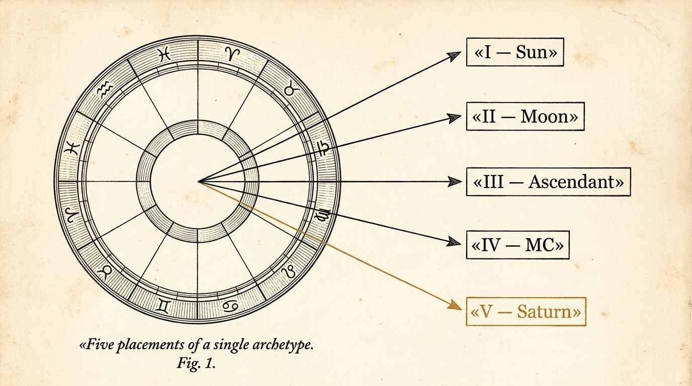A vintage scientific-textbook engraving on warm cream paper in the style of a mid-century Scientific American astronomy plate, showing a precise circular birth-chart wheel drawn in thin black ink with five anatomical leader-lines extending to Roman-numeral tags (I–V) labelled "I — Sun", "II — Moon", "III — Ascendant", "IV — MC", "V — Saturn"; the Saturn leader-line and label are picked out in warm muted amber as the single highlighted element, with an italic black serif caption block at the bottom reading "Five placements of a single archetype. Fig. 1."