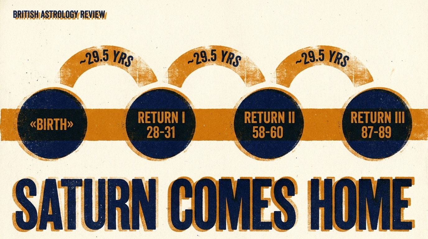 A risograph-print zine infographic in a strict three-colour palette of warm navy, amber and cream paper with heavy print-grain and deliberately misaligned colour registration, showing a thick horizontal amber bar punctuated by four heavy navy circles labelled in bold sans-serif caps "BIRTH", "RETURN I / 28-31", "RETURN II / 58-60", "RETURN III / 87-89", with chunky amber arcs between each pair stamped "~29.5 YRS" in navy, and oversized navy caps across the bottom reading "SATURN COMES HOME" with visible amber misregistration shadow
